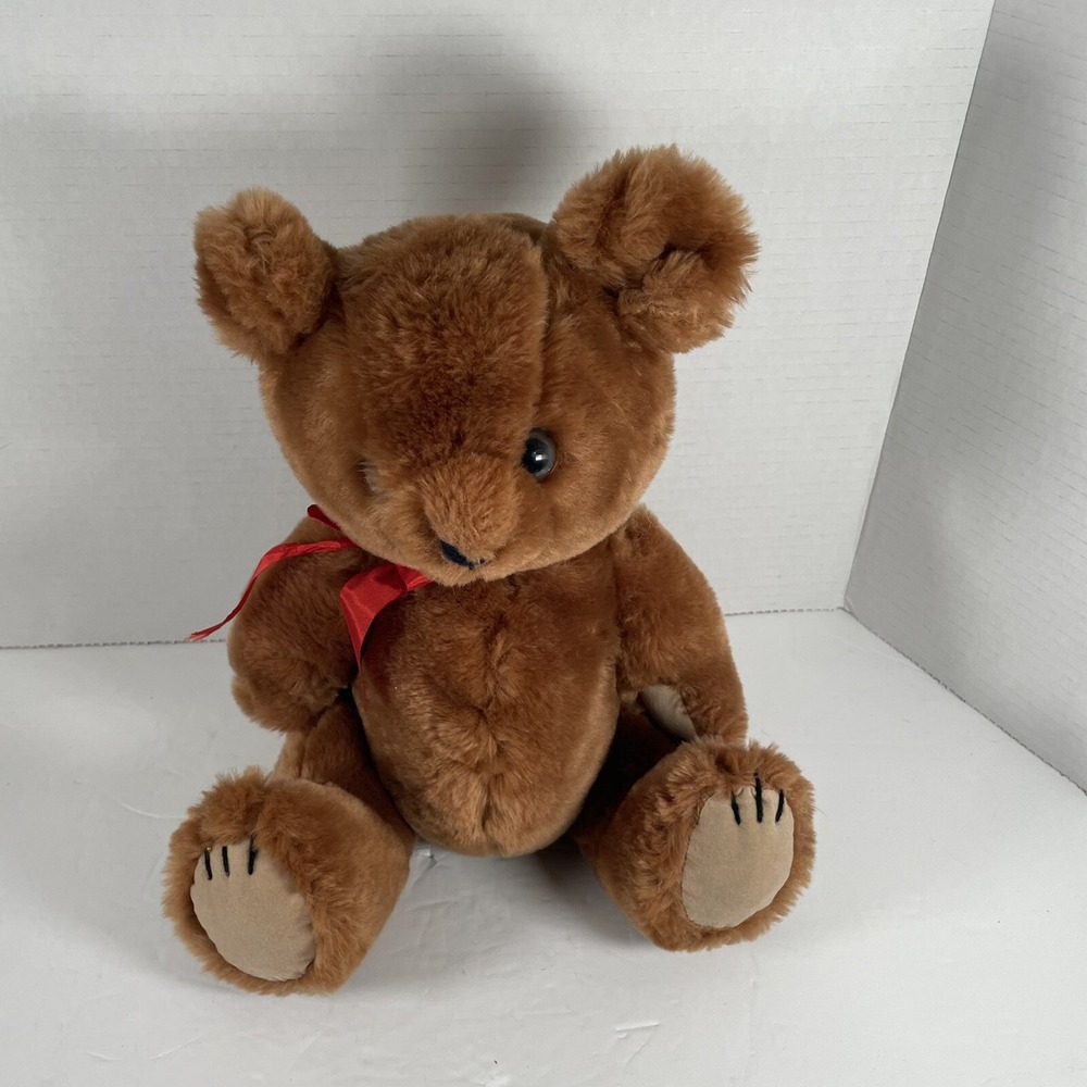 Vintage 1981 R Dakin & Co Brown Teddy Bear Plush Stuffed Animal Red Ribbon